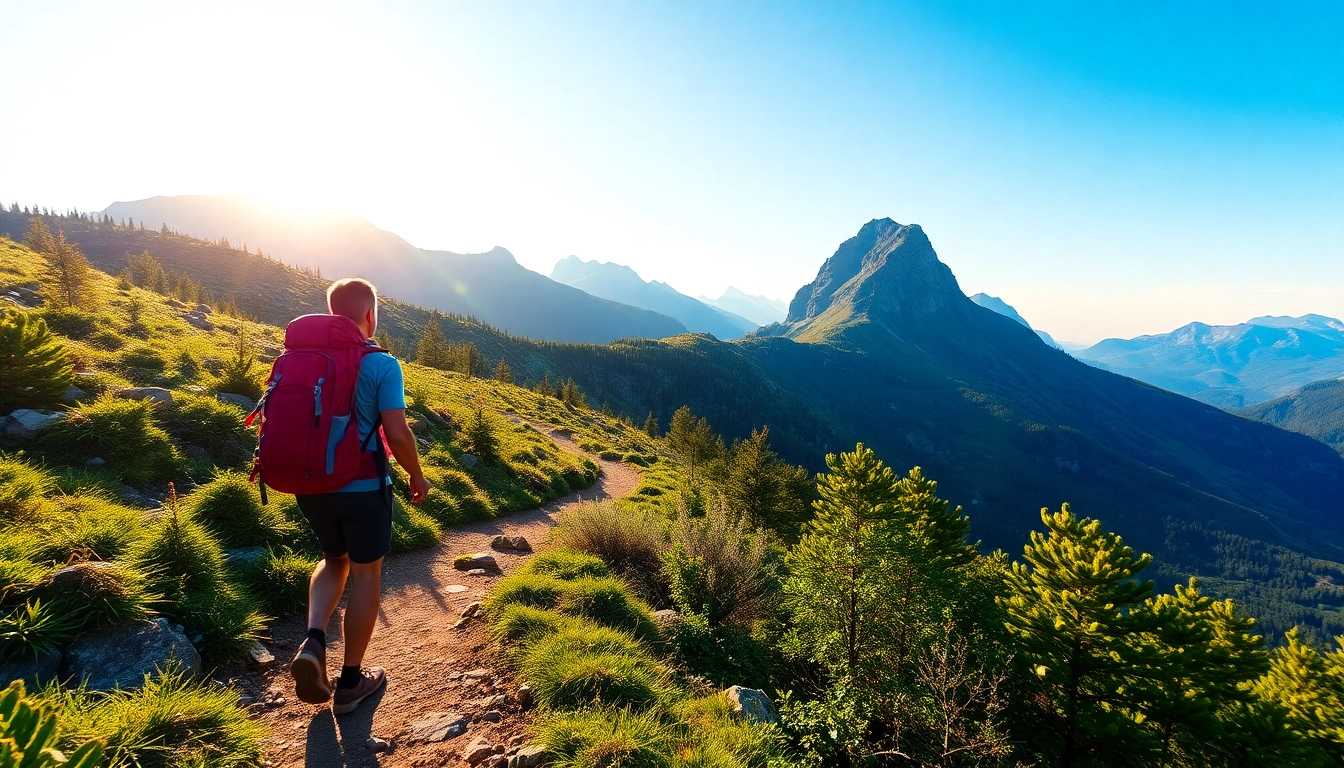 Hiking in lush forests with a person walking along a scenic mountain trail, highlighting outdoor adventure.