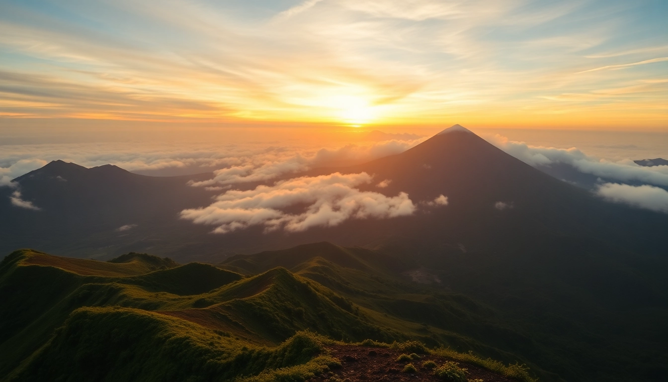 Majestic sunrise views of Mt. Rinjani, showcasing its towering peak and lush terrain, inspiring adventure and exploration.