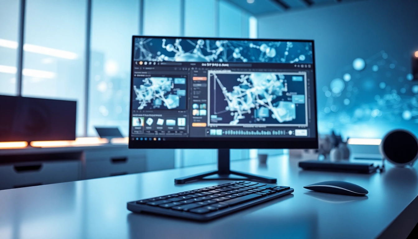 A high-tech workspace with a computer displaying advanced AI image editing interfaces, surrounded by holographic data and sleek tech accessories.