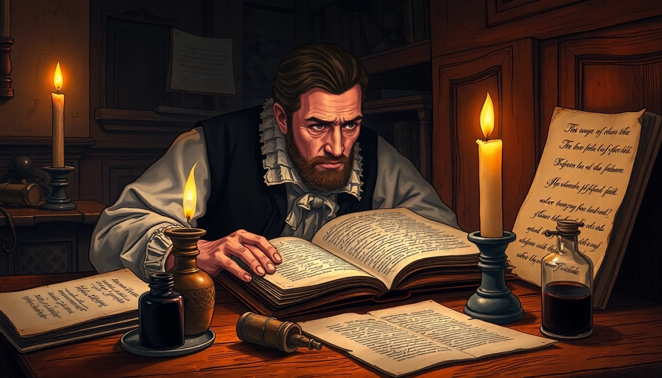An old scholar in a dimly lit, antique study examining stained manuscripts and ink bottles.