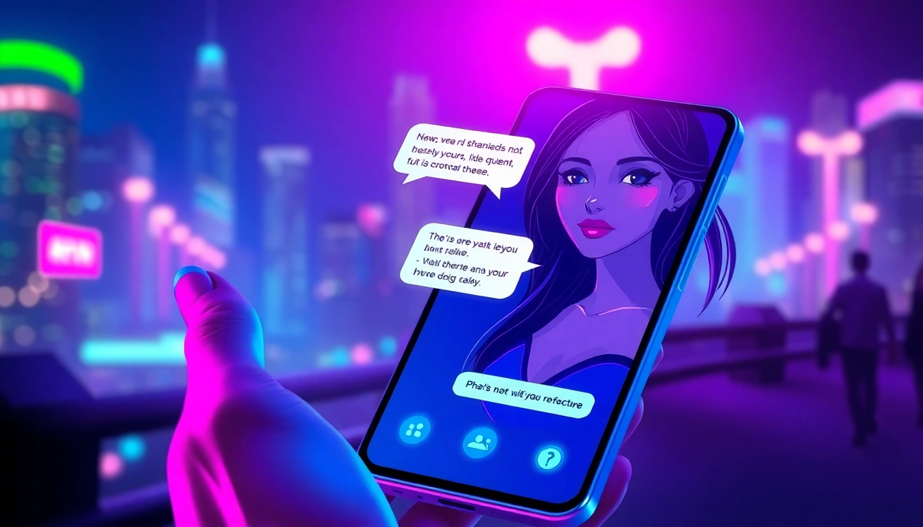 Futuristic mobile device displaying a spicy AI chat interface with neon lighting and digital cityscape background.