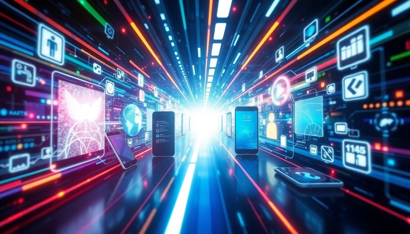 Engaging scene illustrating App Industry Updates with modern mobile apps and technology symbols